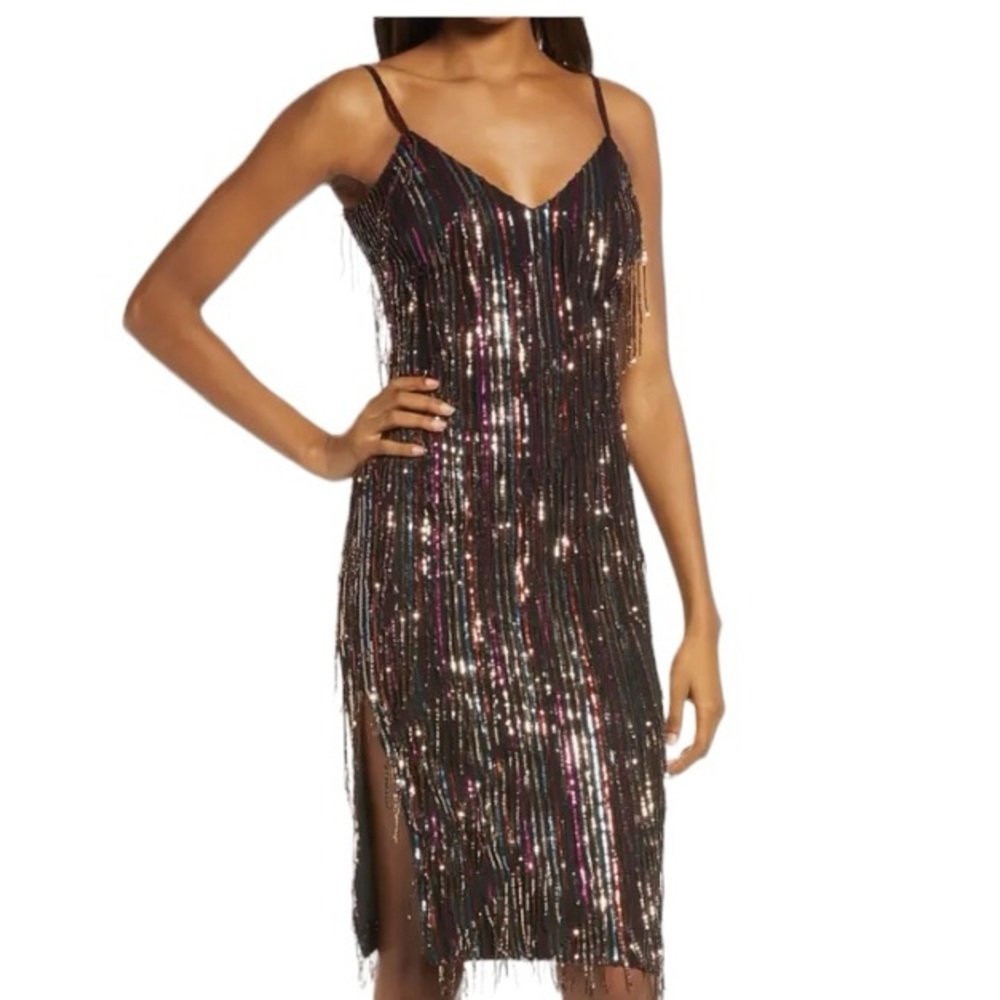 DRESS THE POPULATION Yvonne Rainbow Sequin Fringe Midi Dress Sz Medium - Picture 2 of 12